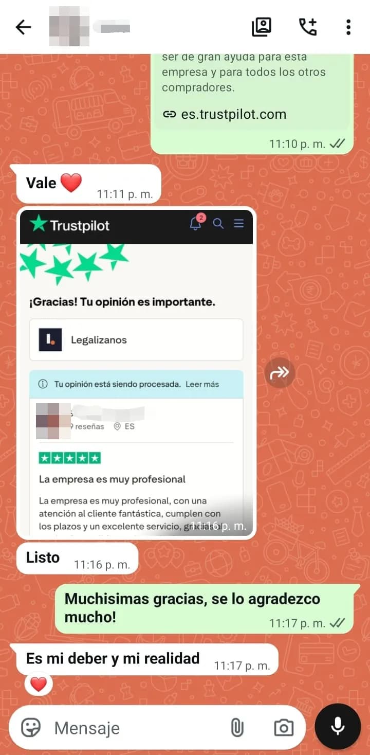 Reseña de cinco estrellas en Trustpilot enviada por una clienta: «La empresa es muy profesional»